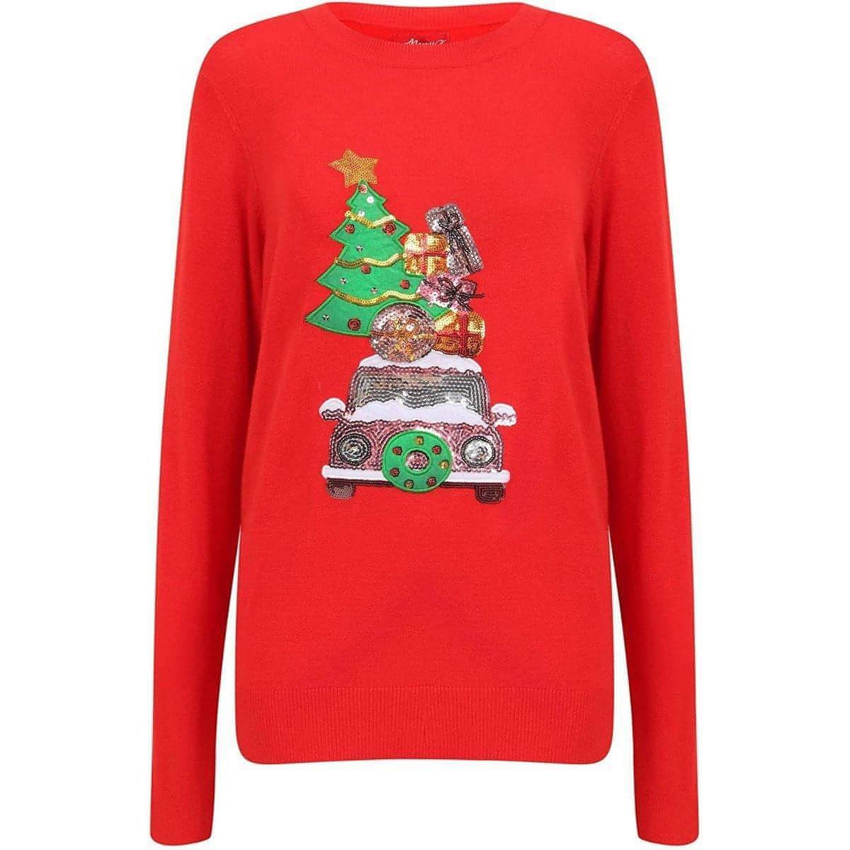 Seasons Greetings Packed Car Womens Christmas Jumper - Red