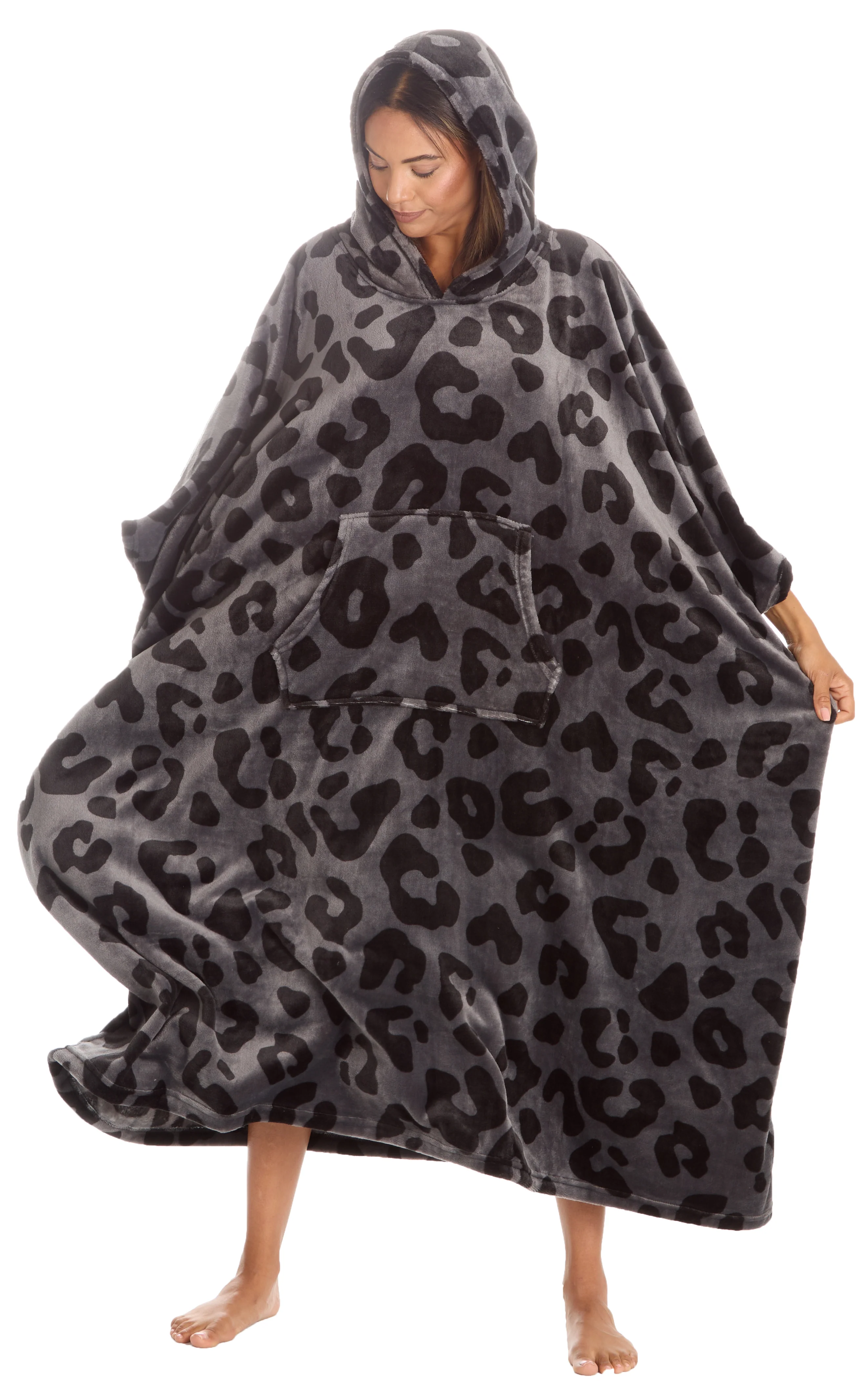 Huggable Hoodie Oversized Wearable Blanket Womens Fleece Hoody - Grey Panther - Image 4